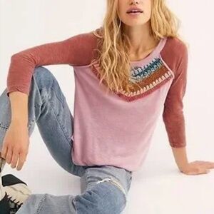 We The Free People Spring Bound Top Crochet Shirt Extra Small Boho 3/4 Sleeve XS